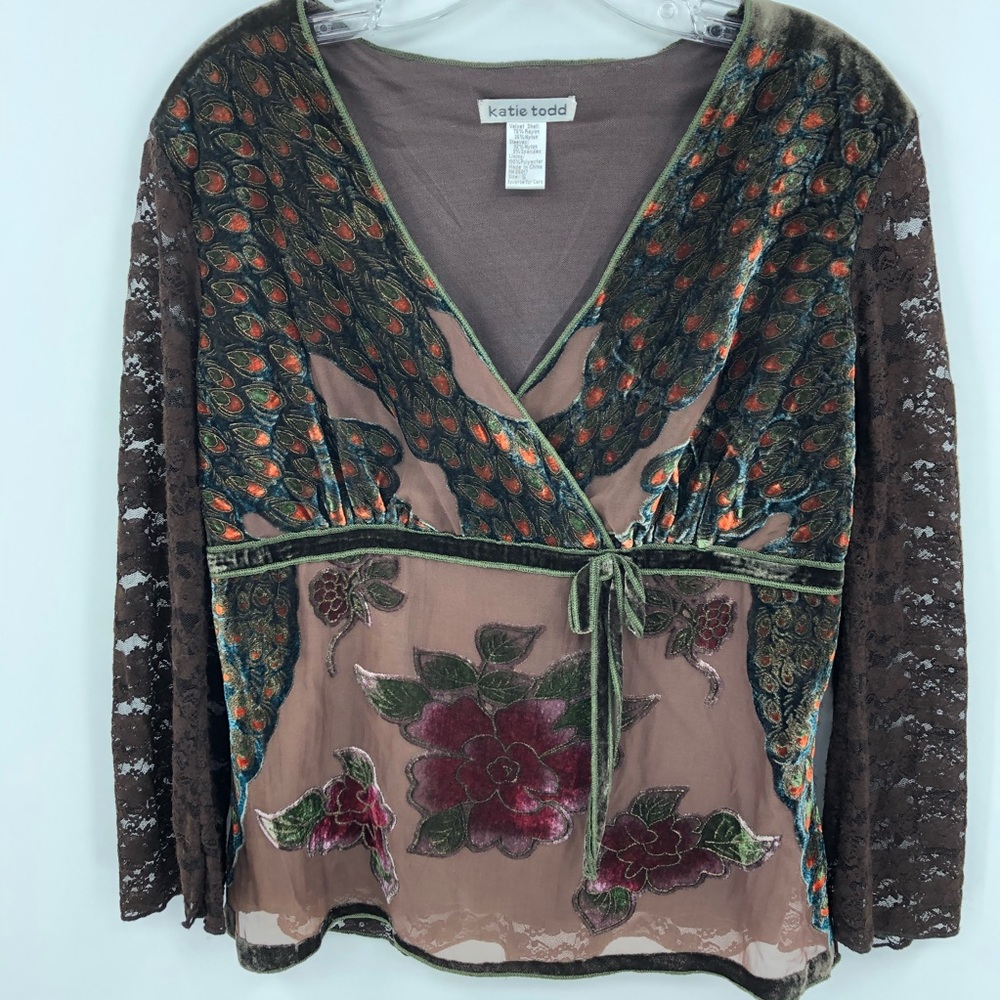 Katie Todd Women’s S Brown Floral Velvet Blouse